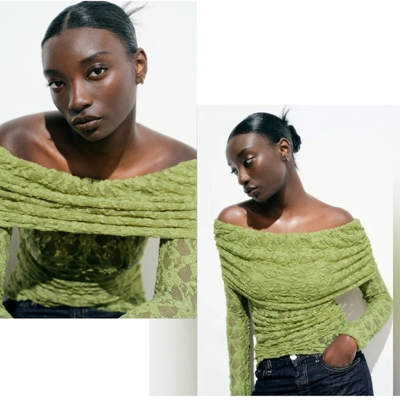 Zara Green lace long sleeve off the shoulder fitted top blouse Sz M NWOT stretch - Picture 4 of 13